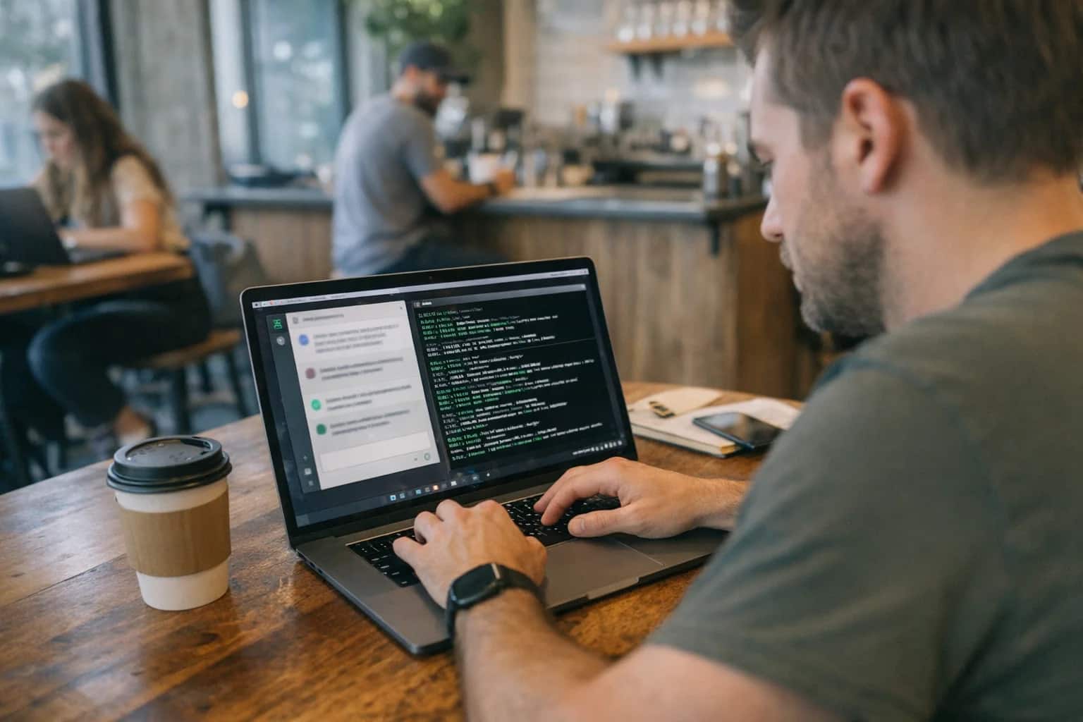 Developer working with AI coding assistant, laptop running autonomous agent in terminal window, coffee shop workspace, natural candid programming moment.