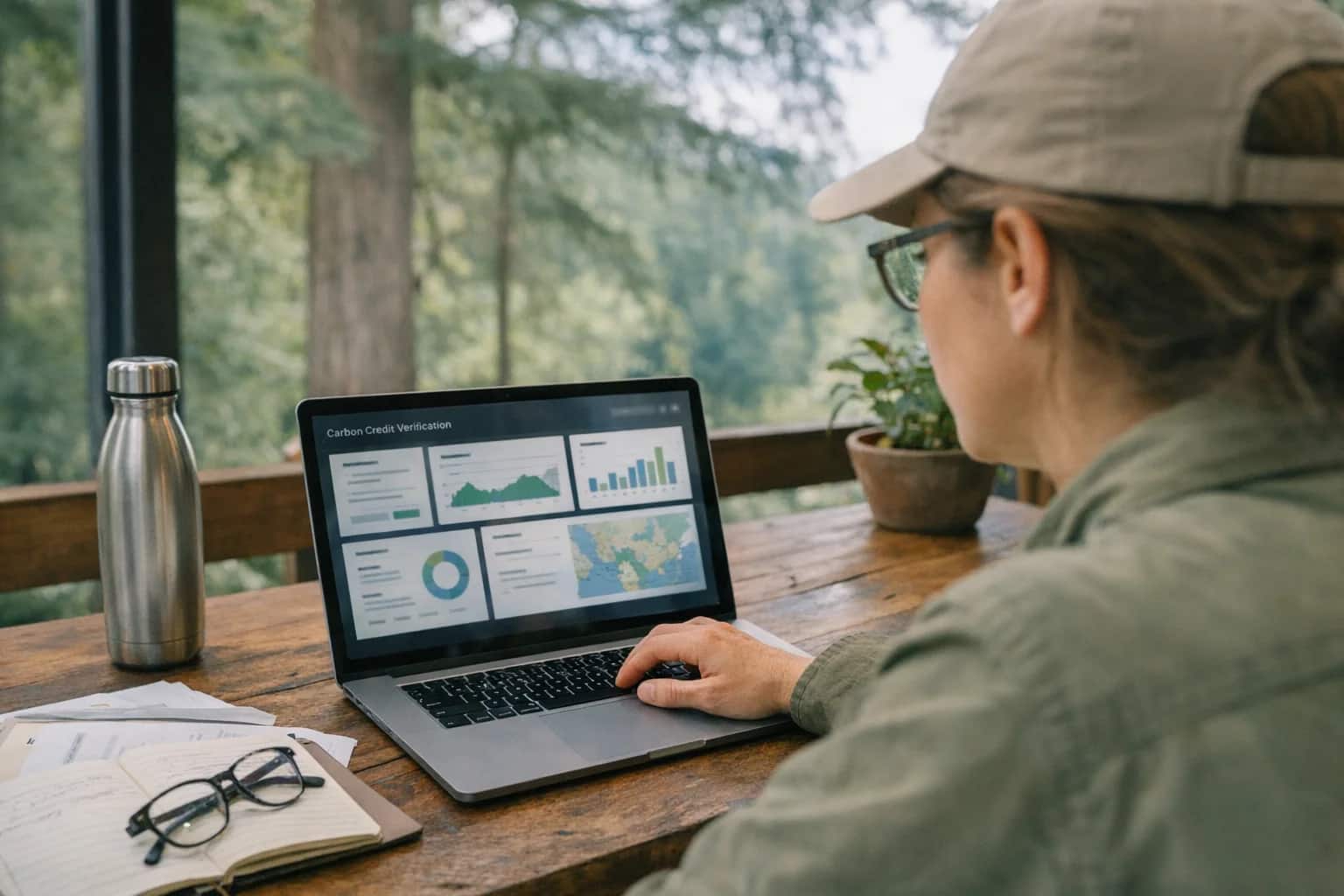 Environmental scientist reviewing carbon credit verification dashboard on laptop, outdoor office setting with trees visible, nature and tech intersection.