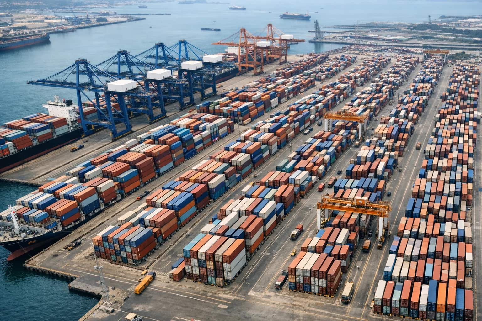 Aerial view of a container port with precise stacks, cranes, and disciplined shipping lanes.