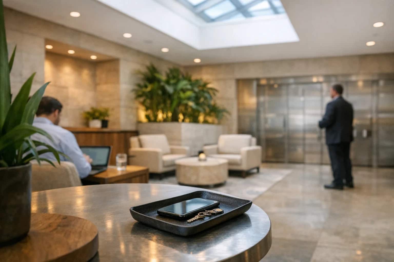 Light-filled secure banking lobby with warm stone, brushed metal, and curated greenery representing digital asset custody.