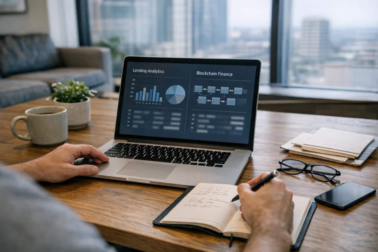 Clean workspace with lending analytics, a notebook, and a blockchain finance interface.