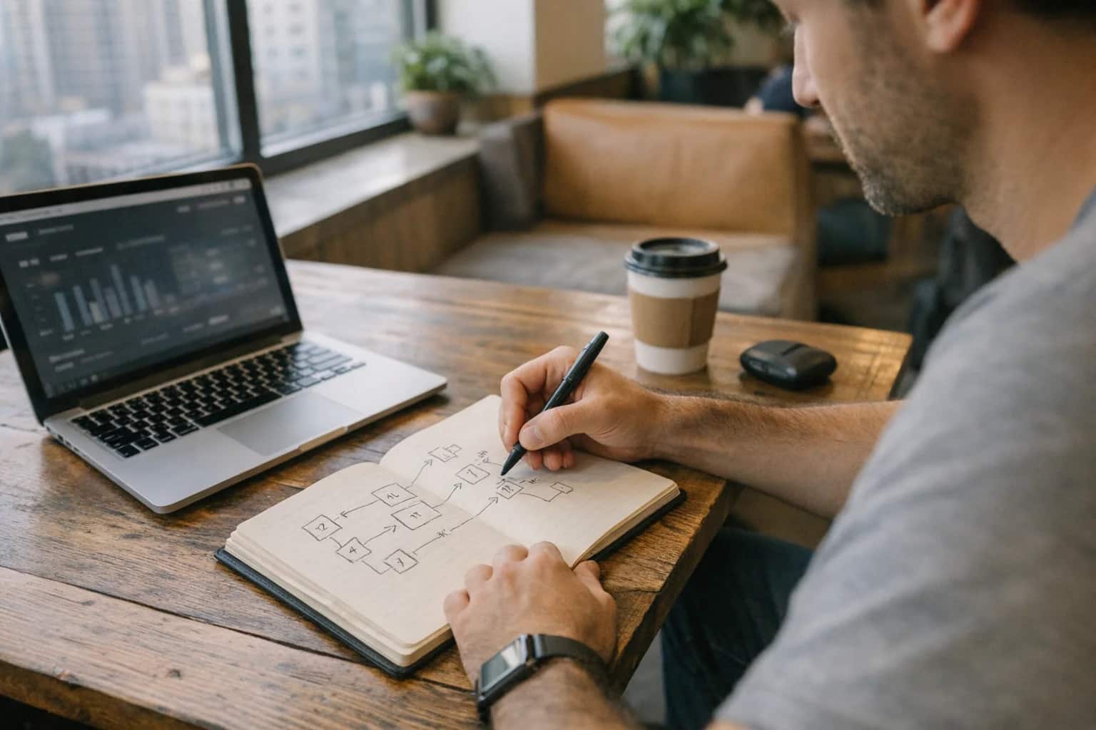 Engineer sketching zero-knowledge proof diagrams in a notebook beside an open laptop in a cozy WeWork corner, afternoon light, casual technical planning moment.