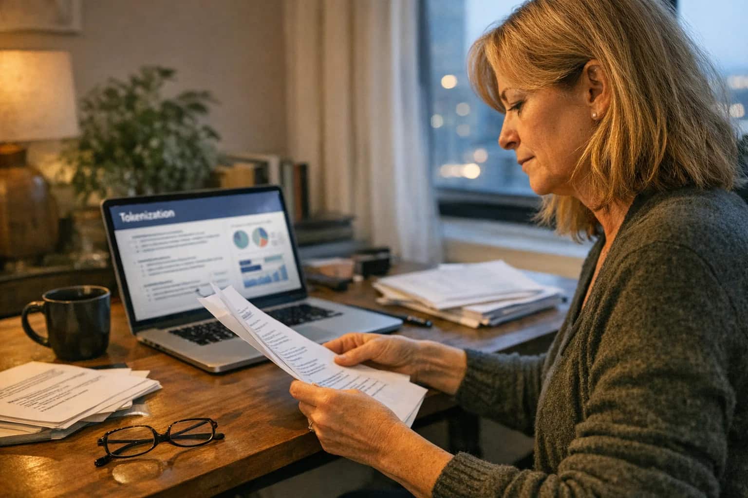 Compliance officer reviewing regulatory documents at a home office desk, laptop with tokenization briefing, reading glasses, evening window light, work-from-home candid shot.