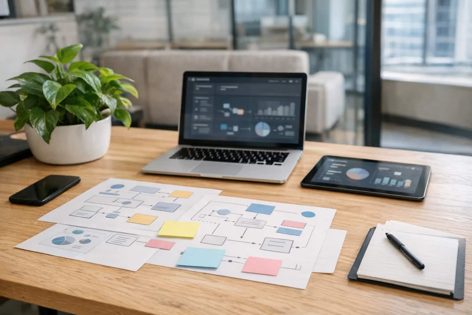 Bright engineering desk with pale wood, a plant, clean devices, and abstract smart contract planning materials.