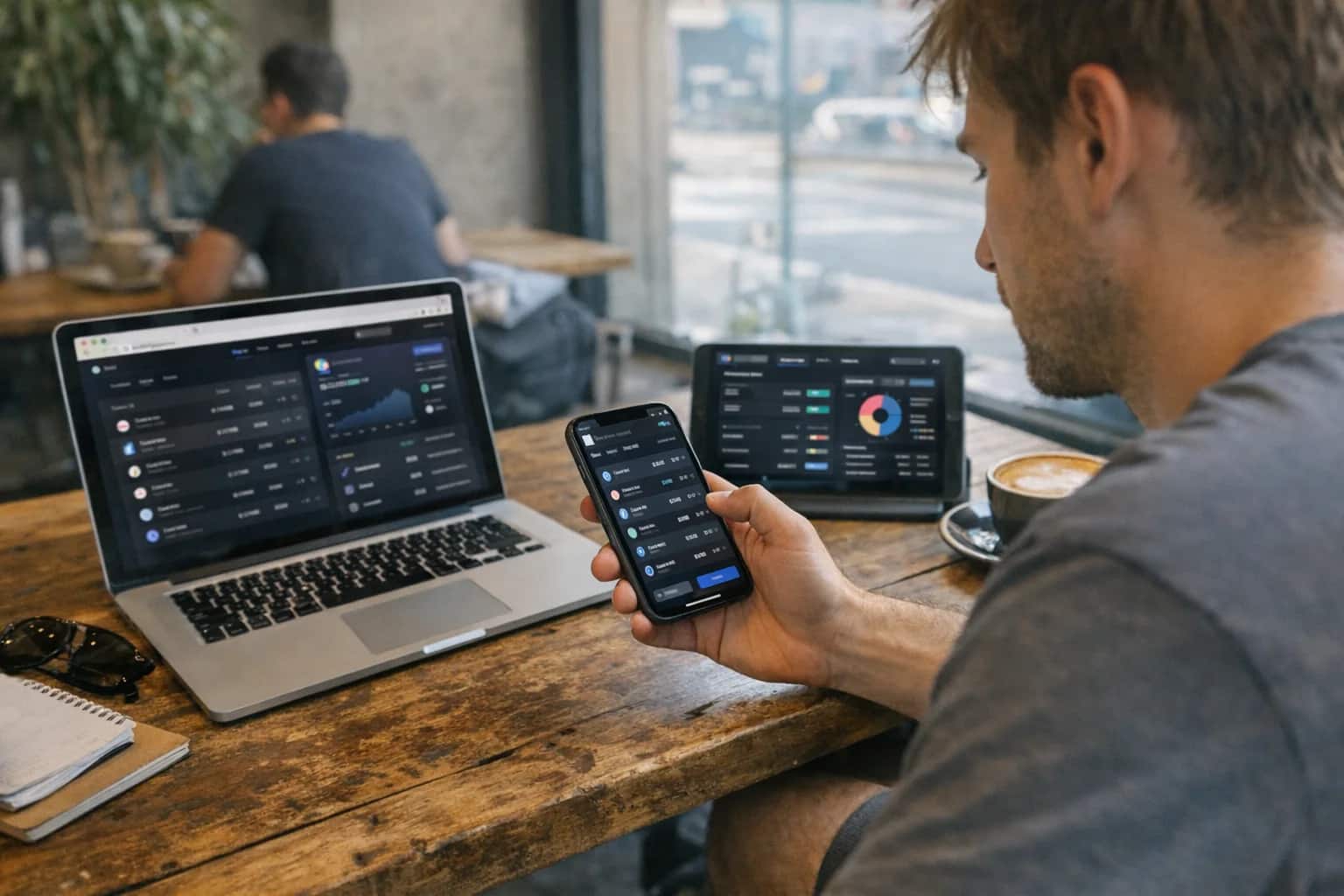 DeFi degen reviewing yield farming pools on phone at a coffee shop, multiple DeFi apps visible, casual crypto lifestyle moment.