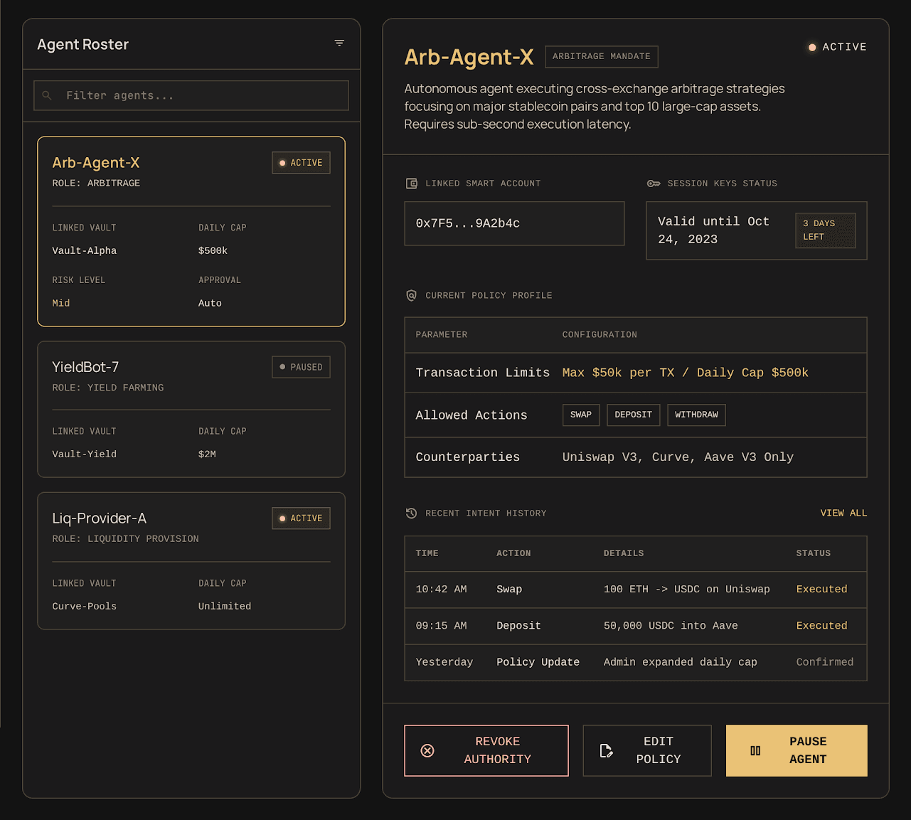 AgentSafe agent registry with status, risk, vault, and policy controls