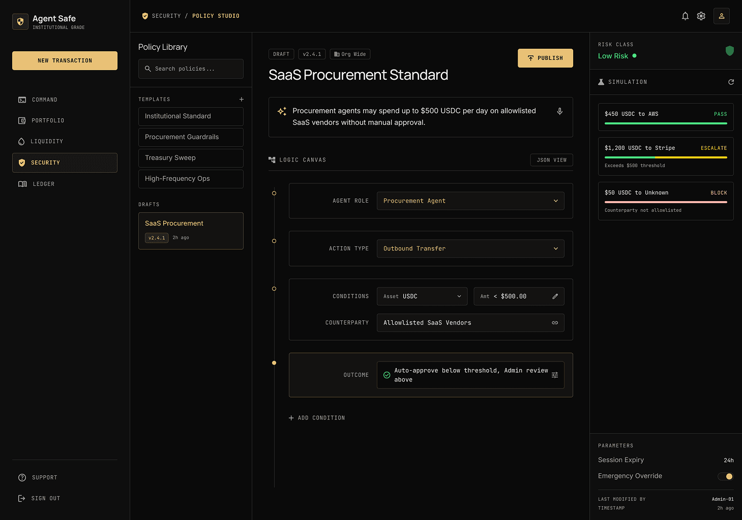 AgentSafe policy studio with templates, rules, simulation, and approval logic