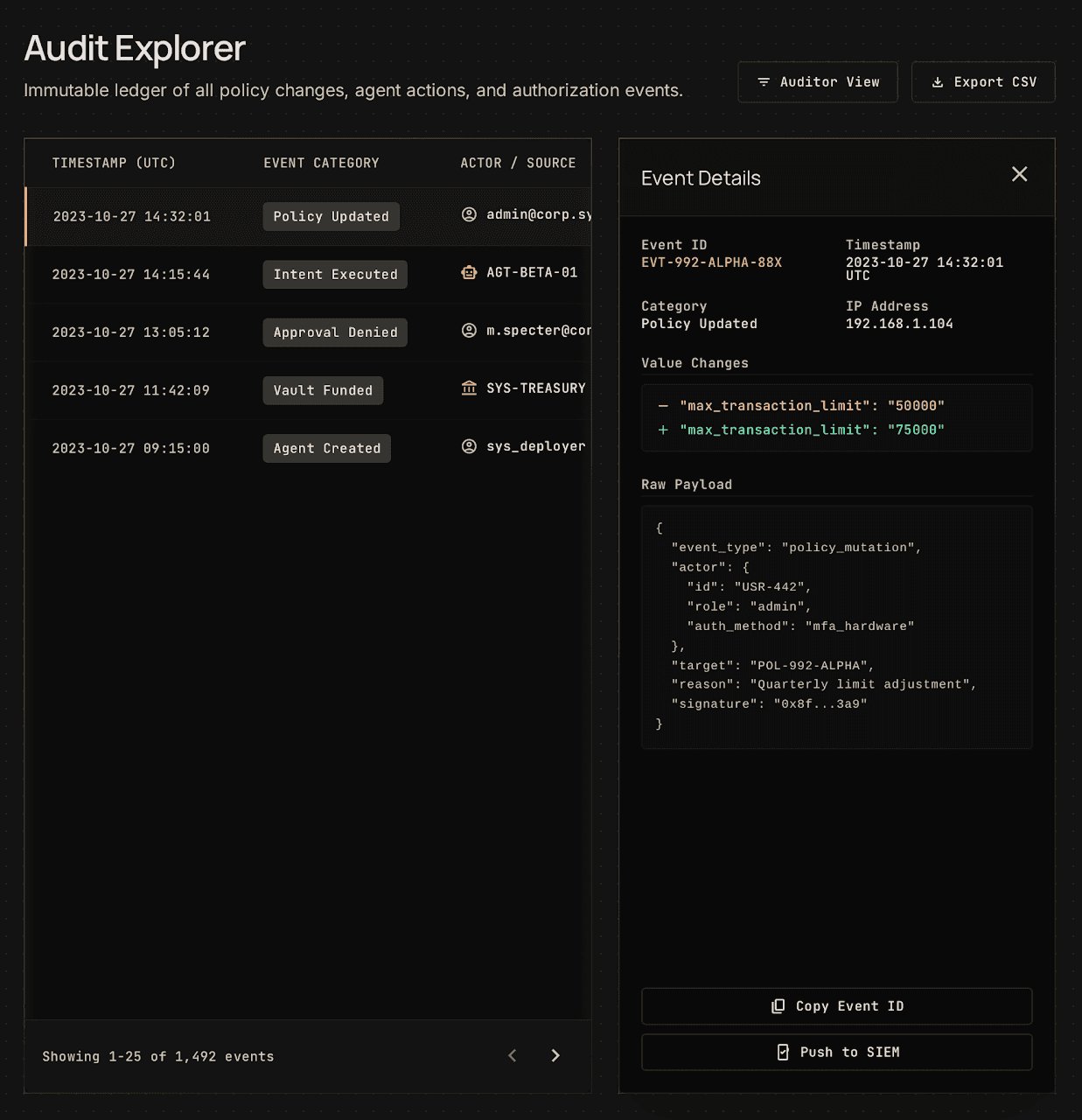 AgentSafe audit explorer showing policy events, agent actions, approvals, and execution traces