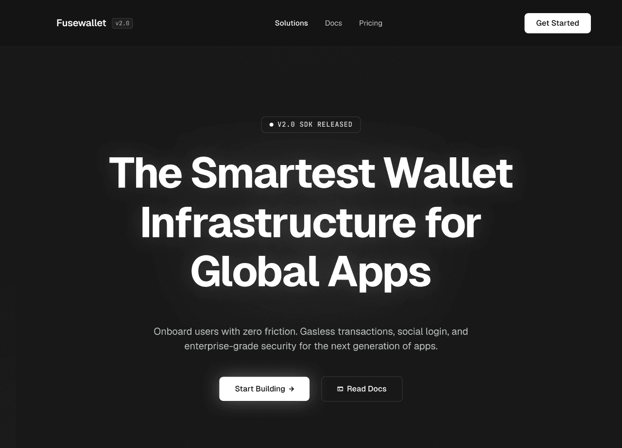 FuseWallet hero section presenting gasless wallet infrastructure for consumer apps