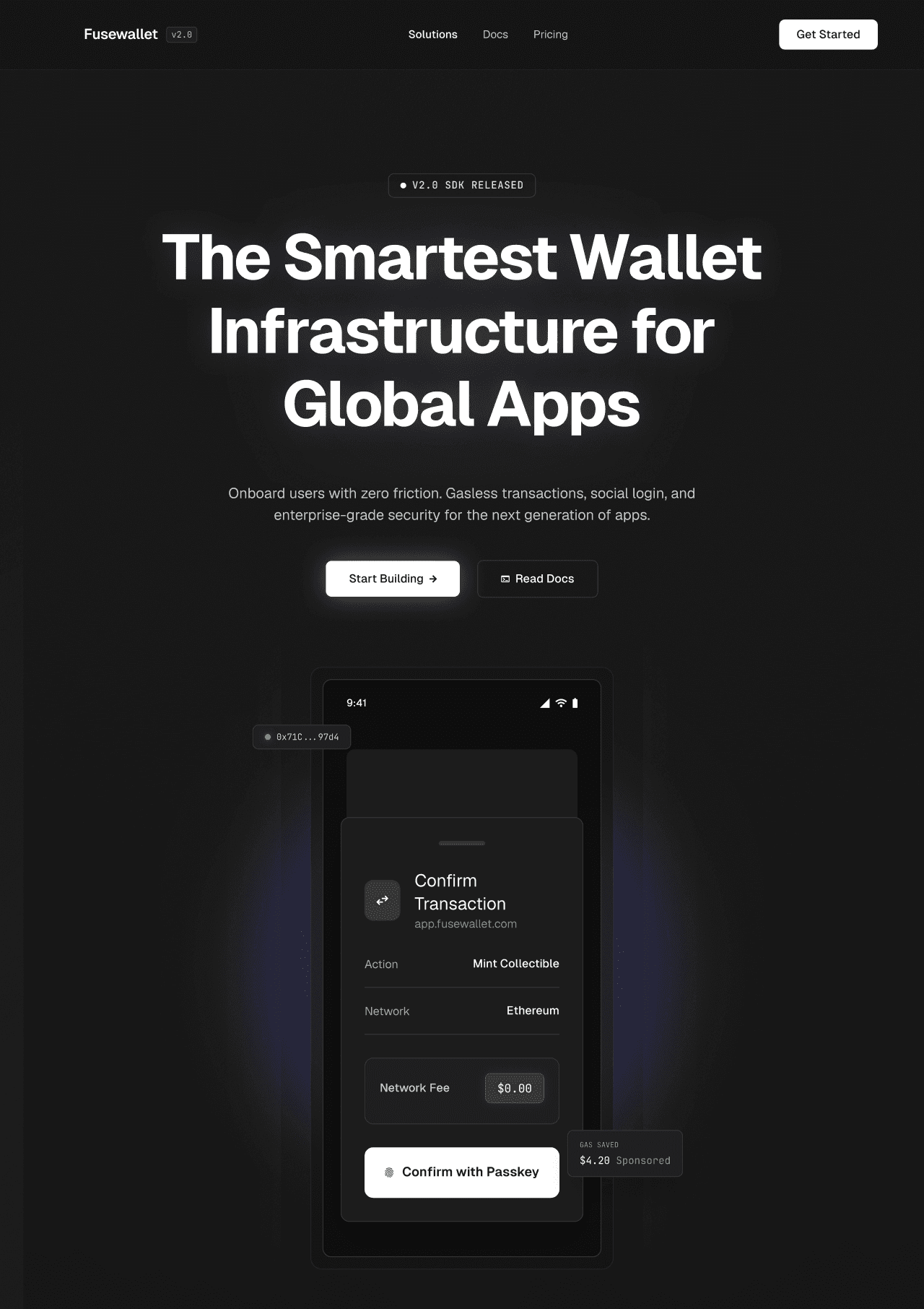 FuseWallet landing page showing developer-focused gasless wallet positioning