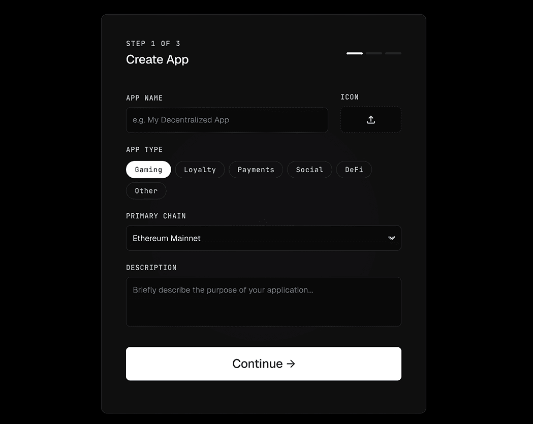 FuseWallet onboarding step for creating an application
