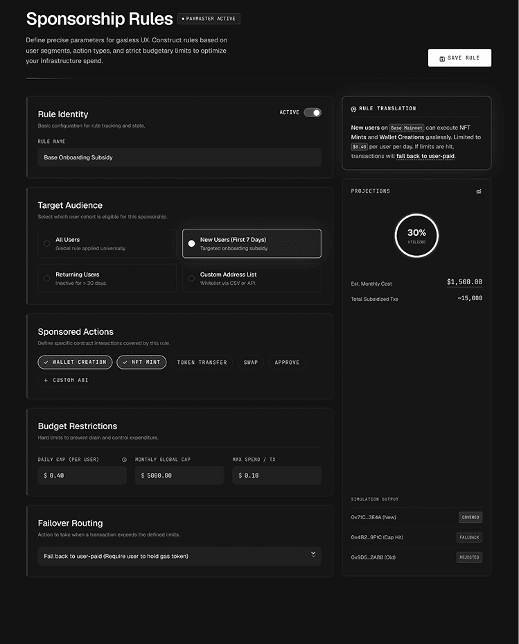 FuseWallet sponsorship rules screen with gas policy controls and cost preview