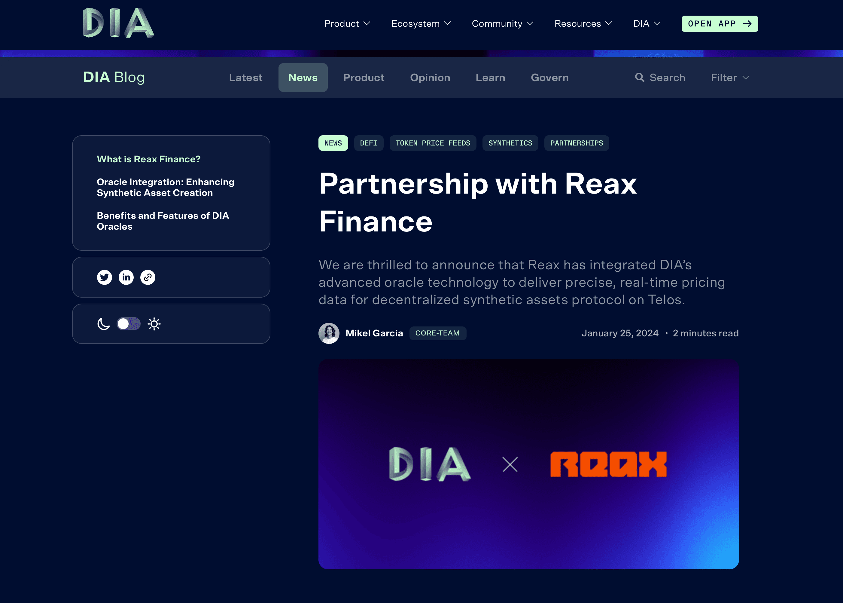 REAX Partnership with DIA Oracle