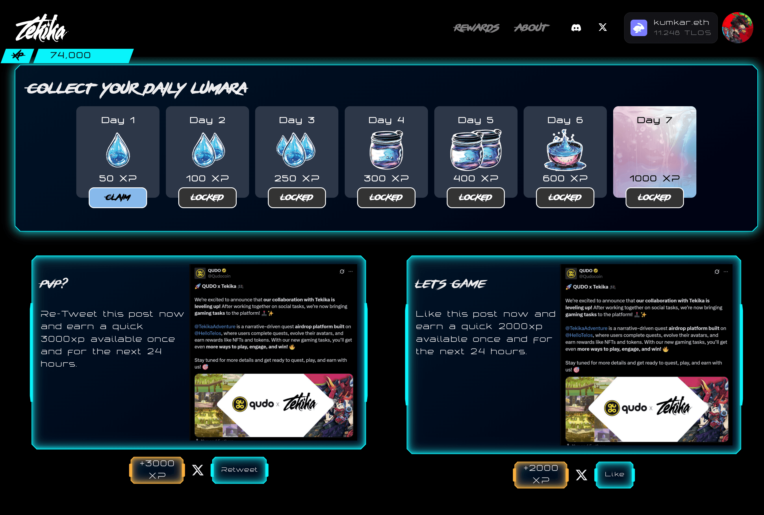 Daily Lumara Login Reward Interface