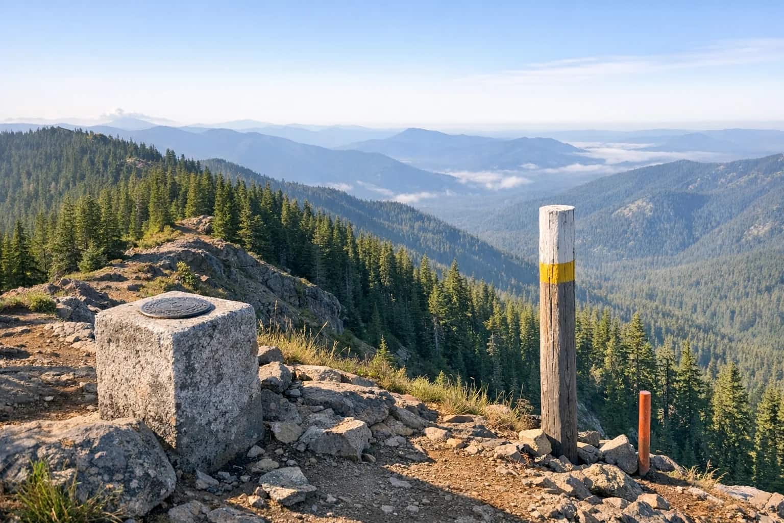 Mountain forest ridge in clear light with survey markers and an uplifting environmental-documentary feel.