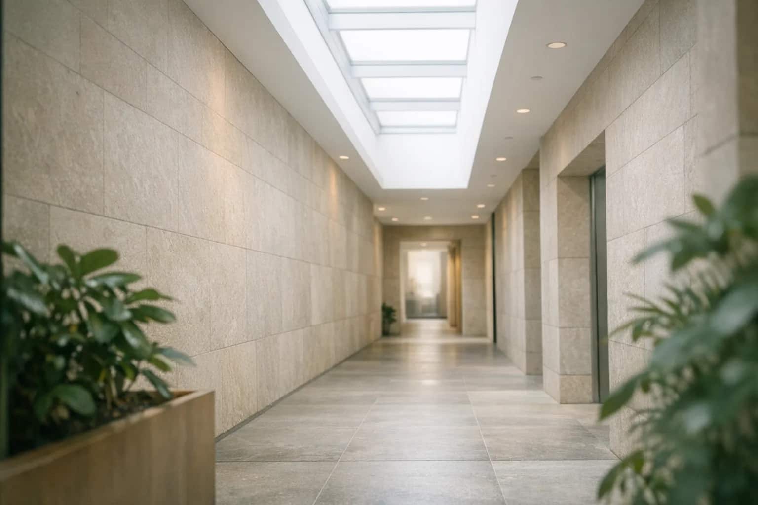Bright architectural corridor with soft skylight, clean stone surfaces, and a calm secure-custody feel.
