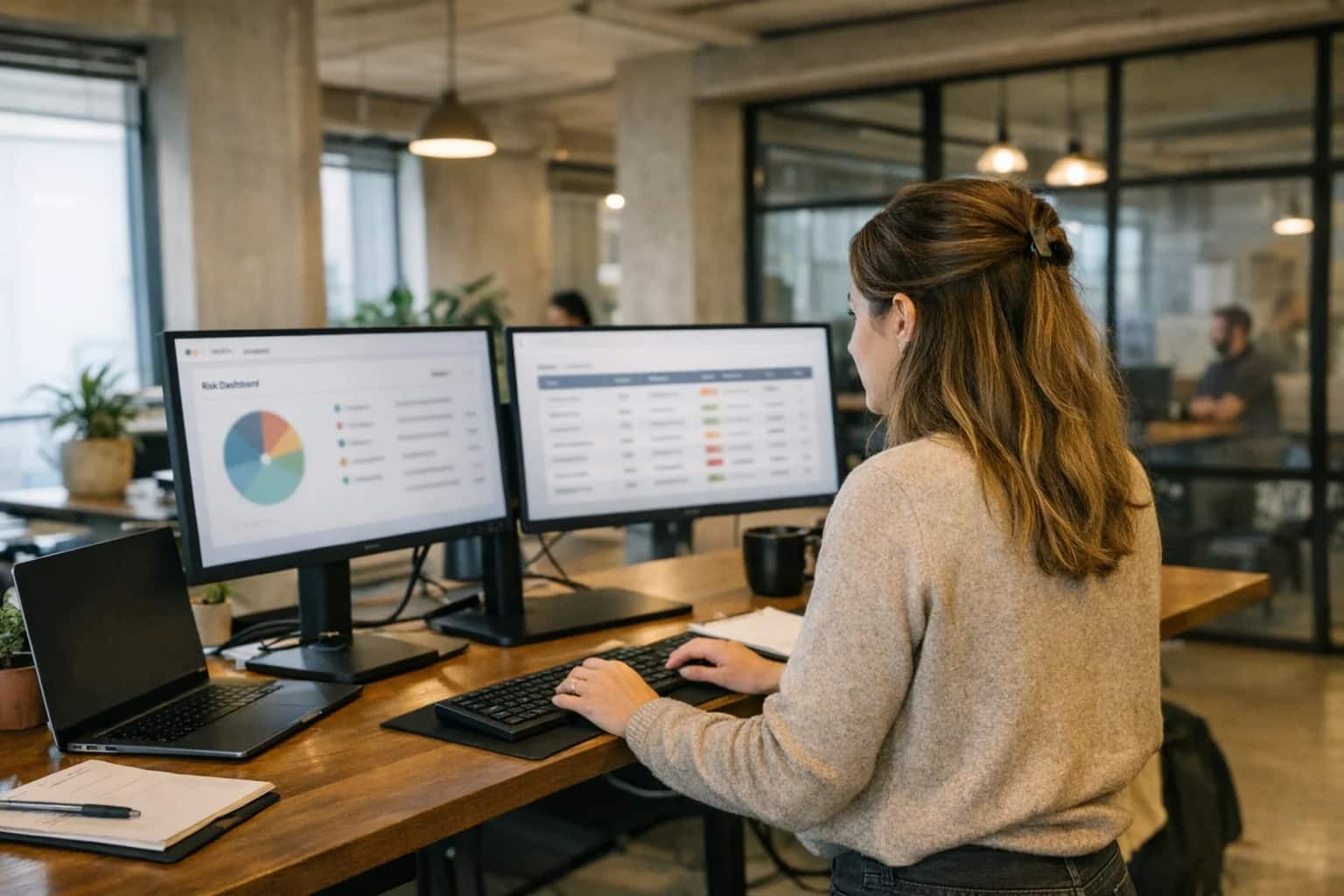Compliance analyst at a standing desk reviewing sanctions screening results, dual monitors with risk dashboards, modern WeWork-style office, natural industrial lighting.