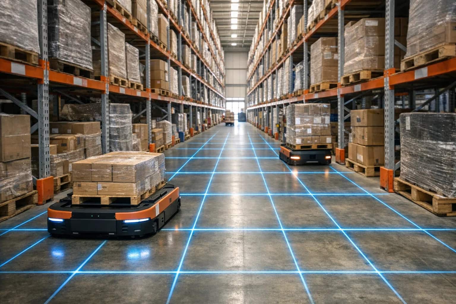 Automated warehouse aisles with pallet robots and structured light representing real-world asset oversight.